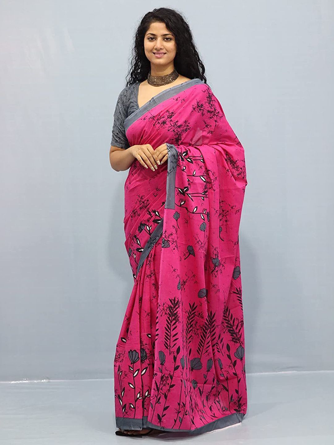 Craft Musium Floral Printed Pure Cotton Block Print Saree With Blouse Piece-picture-35