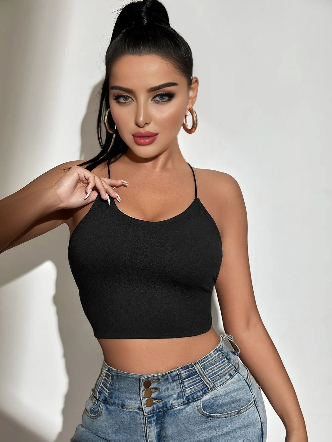 WANQUILA Women Black Backless Solid Sleeveless Crop Top-picture-48