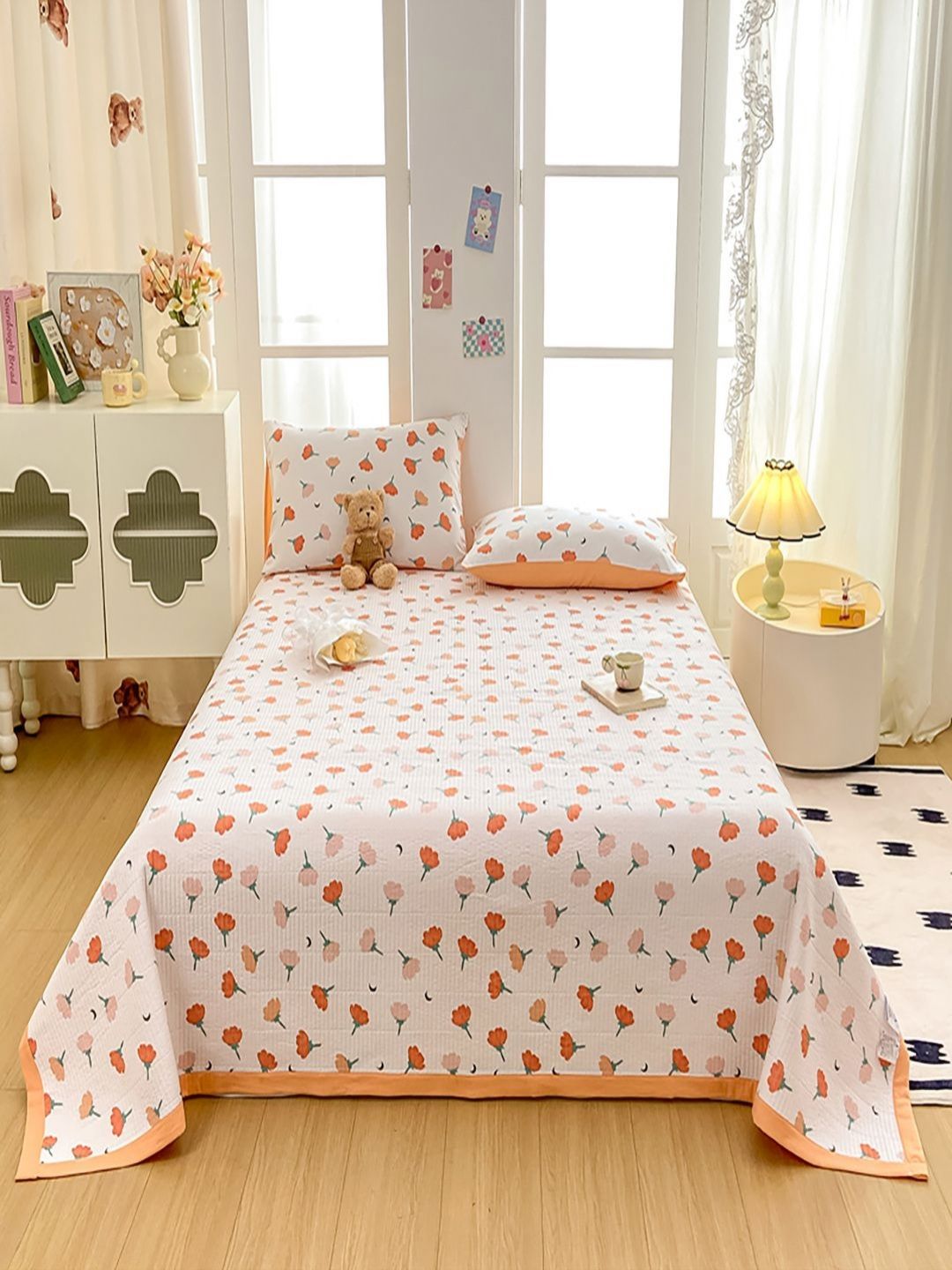 JC HOME White & Orange-Colored Floral 162 GSM Single Bed Cover - 1.60 x 2.30 m-picture-57