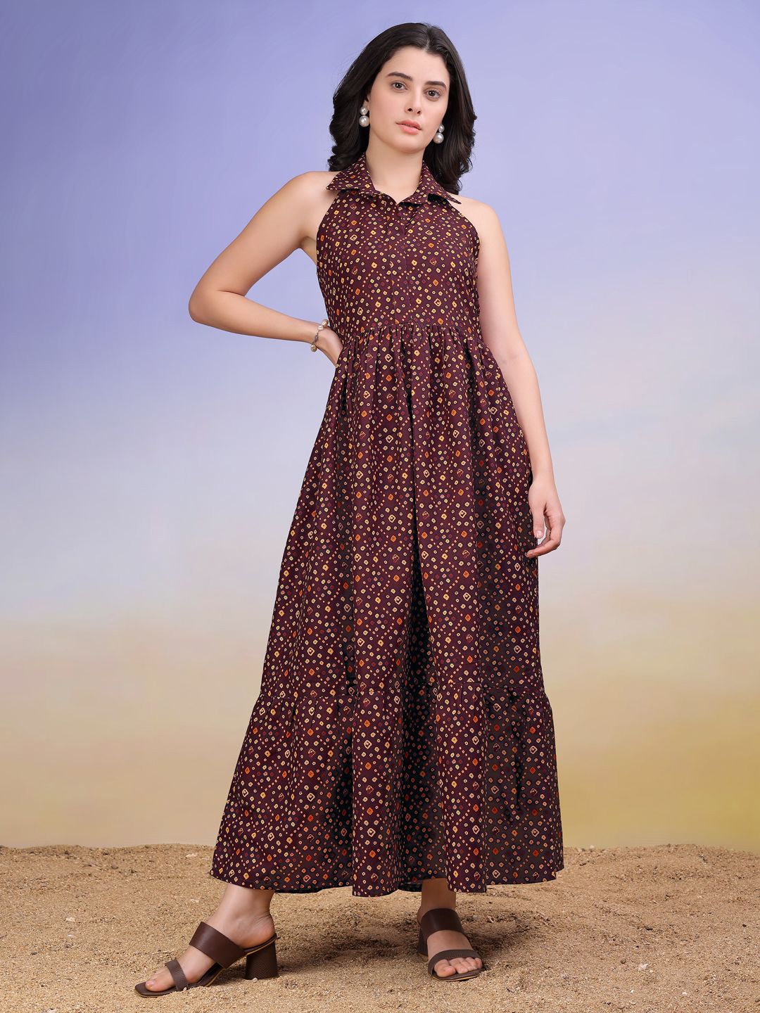 OBSHIVKA Fusique Women Geometric Printed Tiered Shirt Collar Cotton Maxi Dress-picture-16