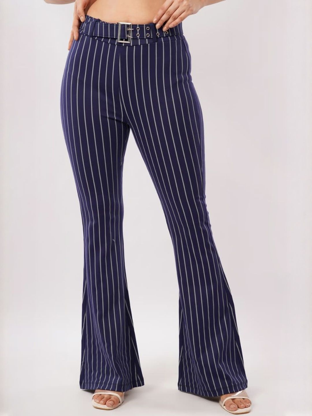 HIGH BUY Women Striped Tailored High-Rise Trousers-picture-11