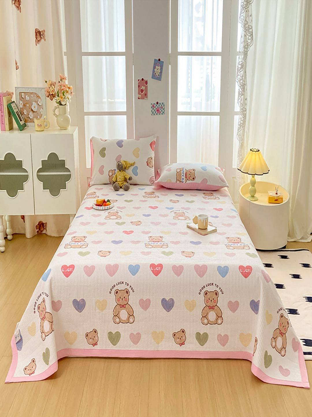 JC HOME White & Pink Printed 162 GSM Double Queen Bed Cover-picture-52