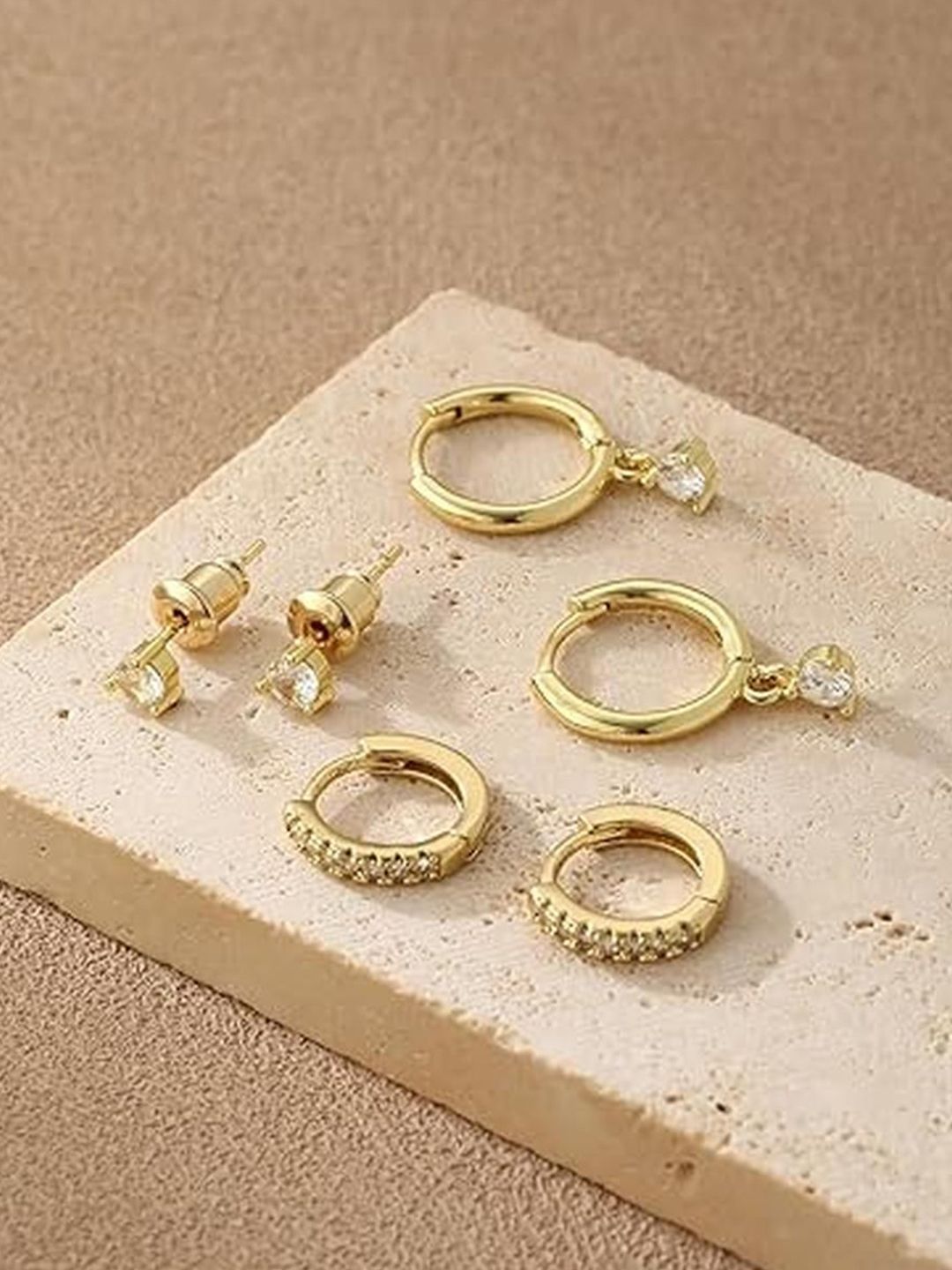EL REGALO Set Of 3 Artificial Stones Studded Circular Shaped Hoop Earrings-picture-19