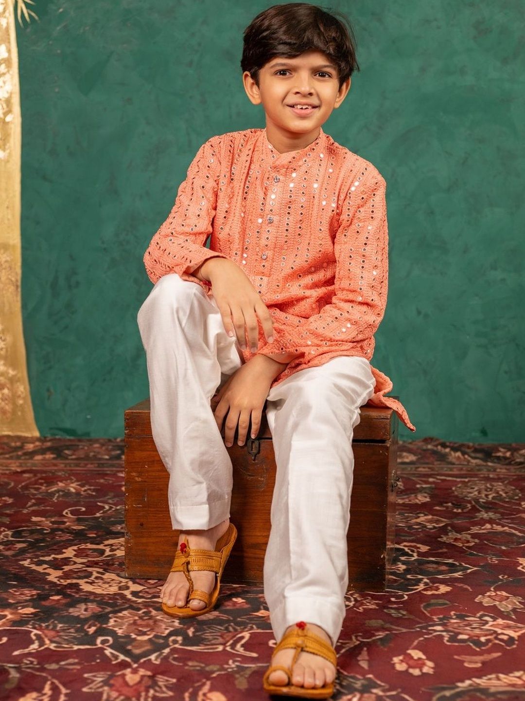 Jilmil Boys Ethnic Motifs Embroidered Regular Mirror Work Kurta with Pyjamas-picture-35