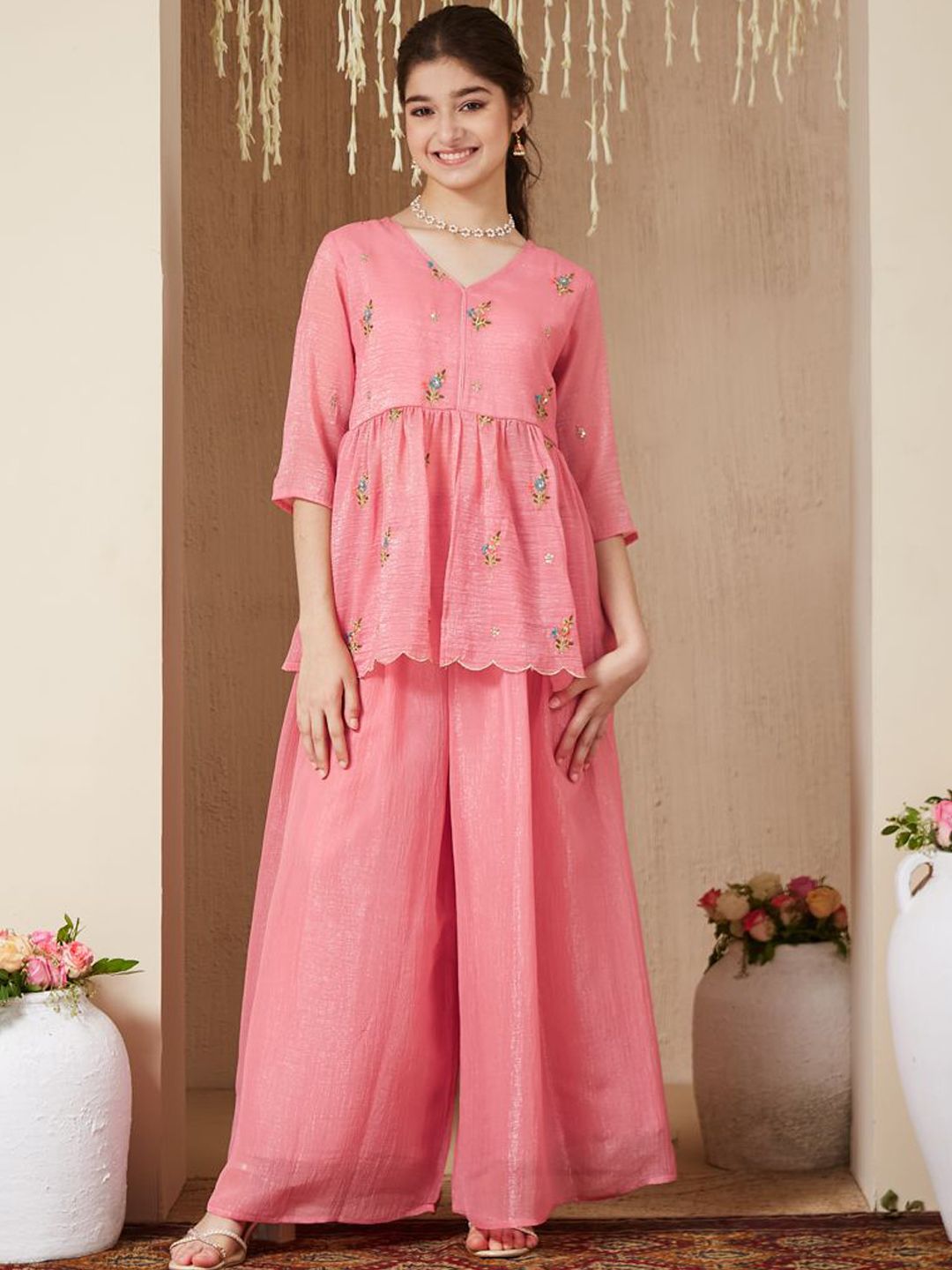 CurlyTales Girls Floral Embroidered Empire Kurta with Palazzos