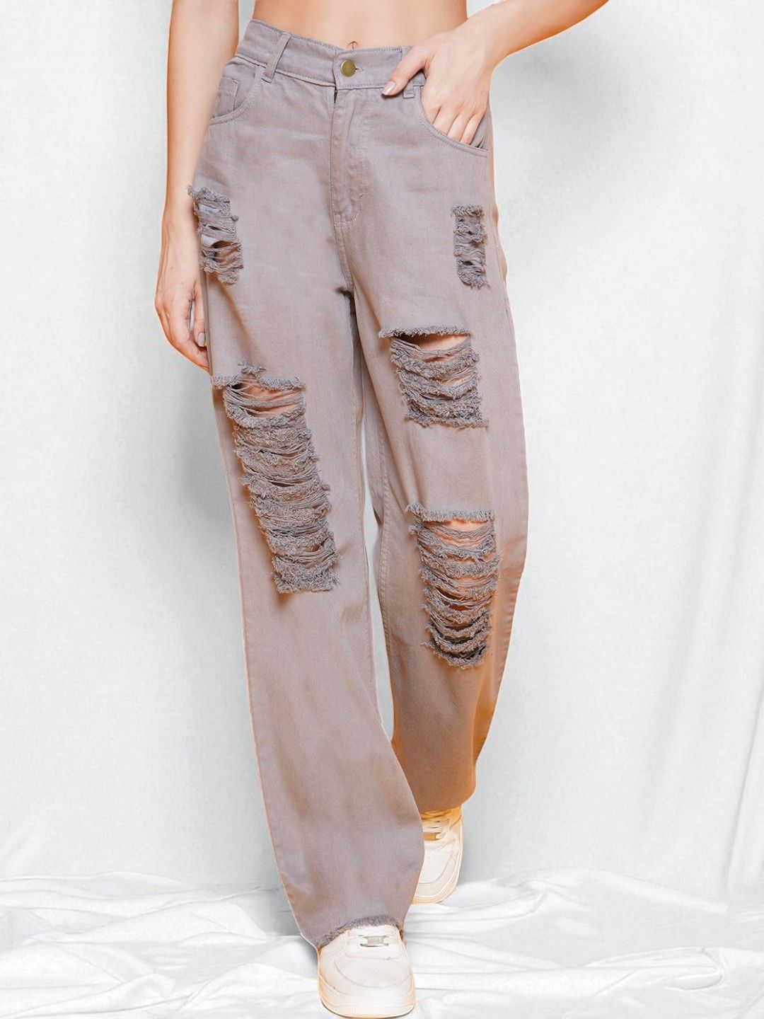 KATLINE Women Smart Straight Fit High-Rise Mildly Distressed Stretchable Jeans-image-32