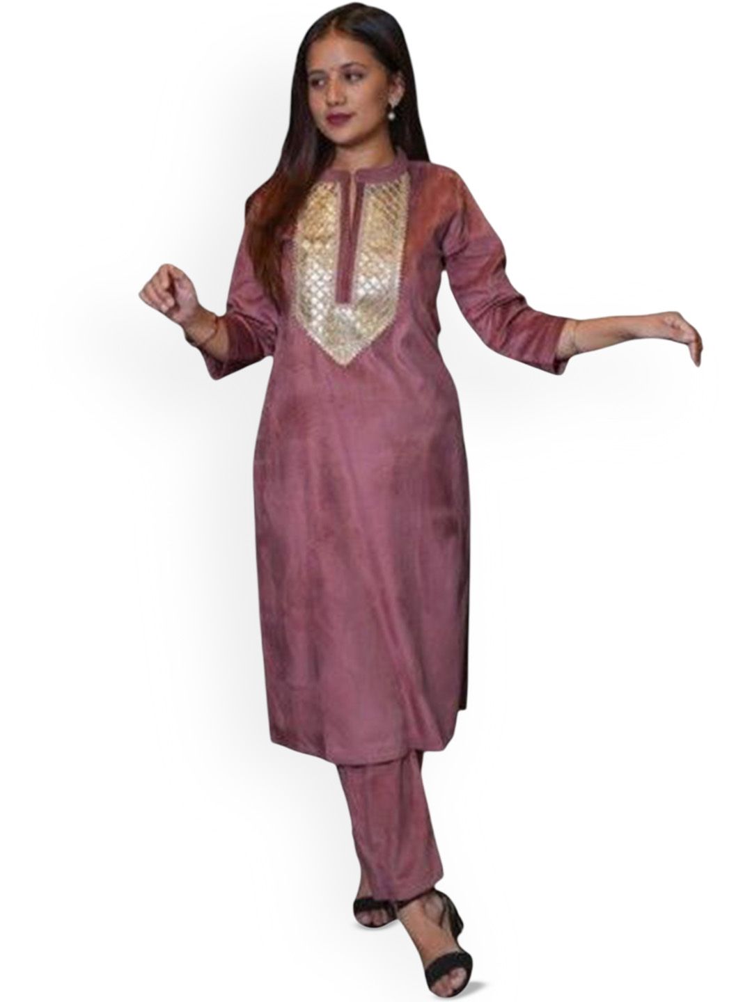 Maadwara Women Floral Embroidered Regular Velvet Kurta with Trousers-picture-29