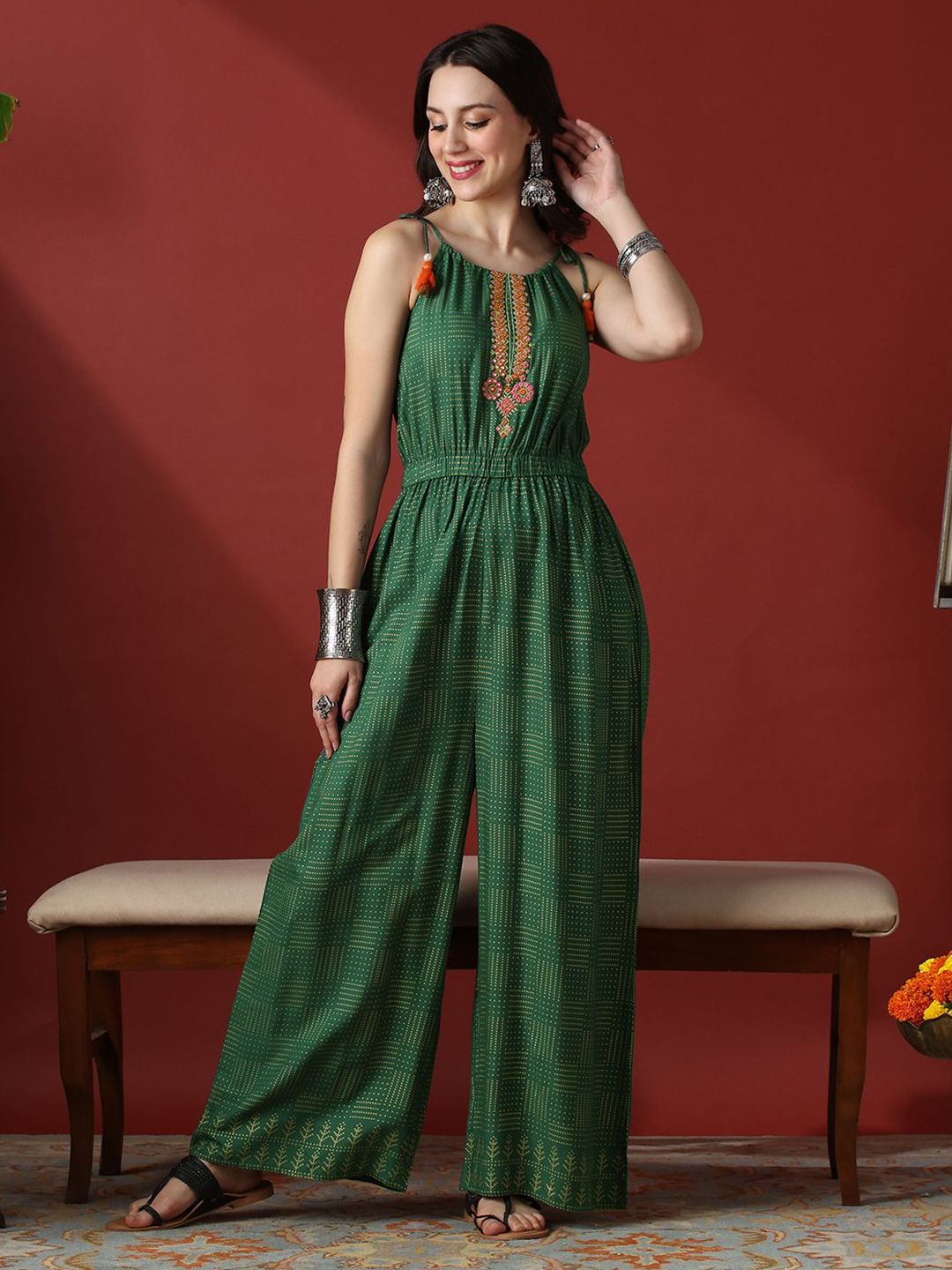 Globus Polka Dot Foil Printed Embroidered Tie-Up Shoulder Straps Wide Leg Basic Jumpsuit-picture-28