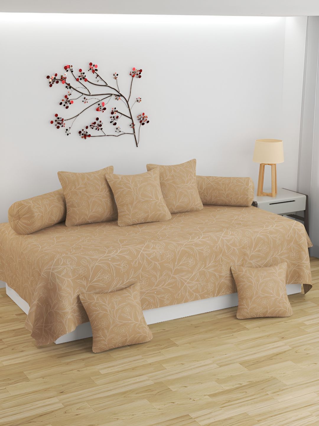 Bromwick 8Pcs White & Beige Leaf Printed 250 TC Microfibre Diwan Set-image-41