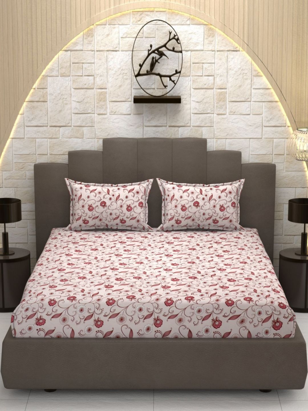 MAFATLAL Cream And Red Floral Printed 160 TC Microfiber Queen Bedsheet Set- 2.28m x 2.54m-picture-26