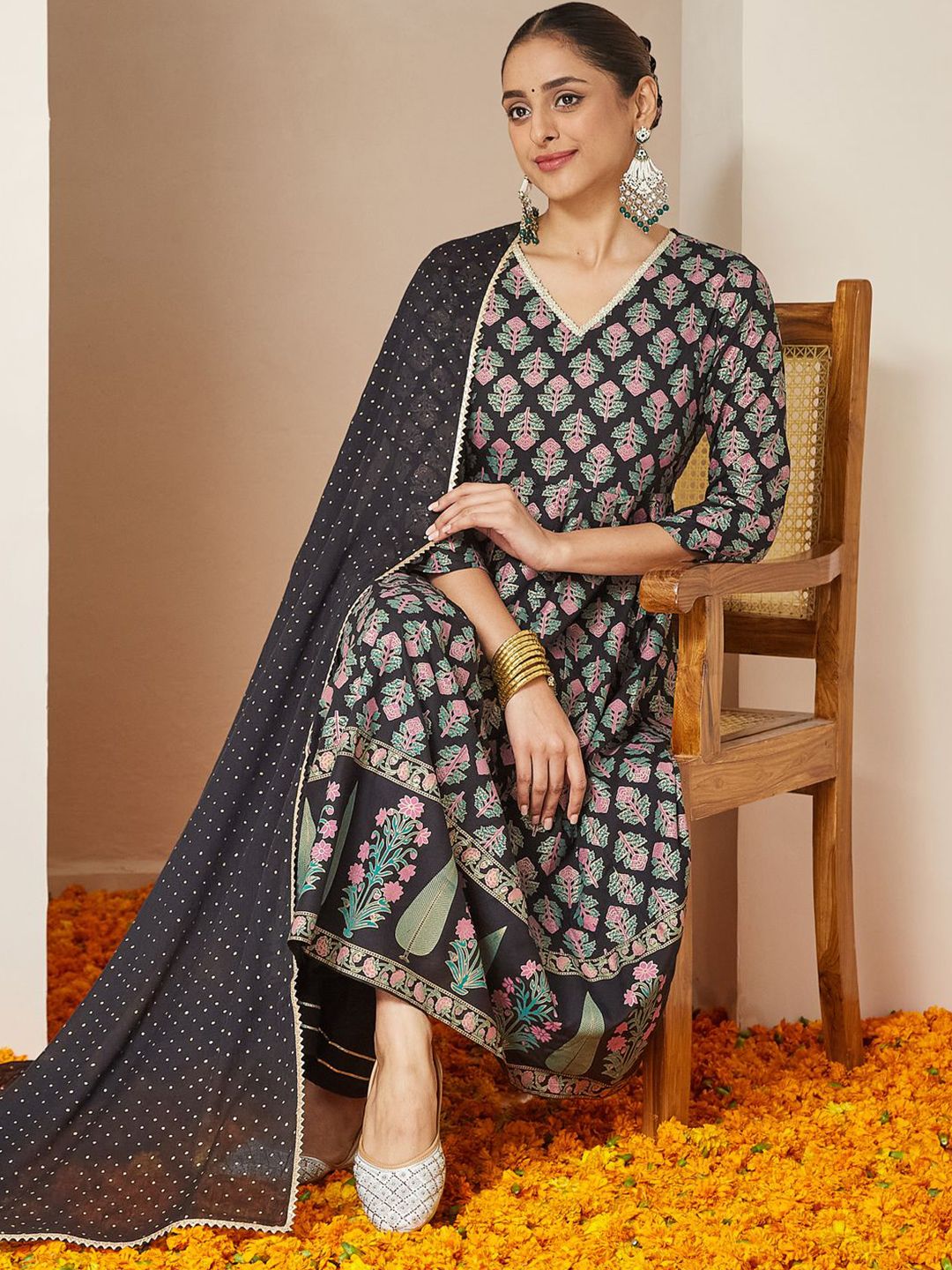 Janasya Women Ethnic Motifs Printed A-Line Kurta with Palazzos & Dupatta-picture-32