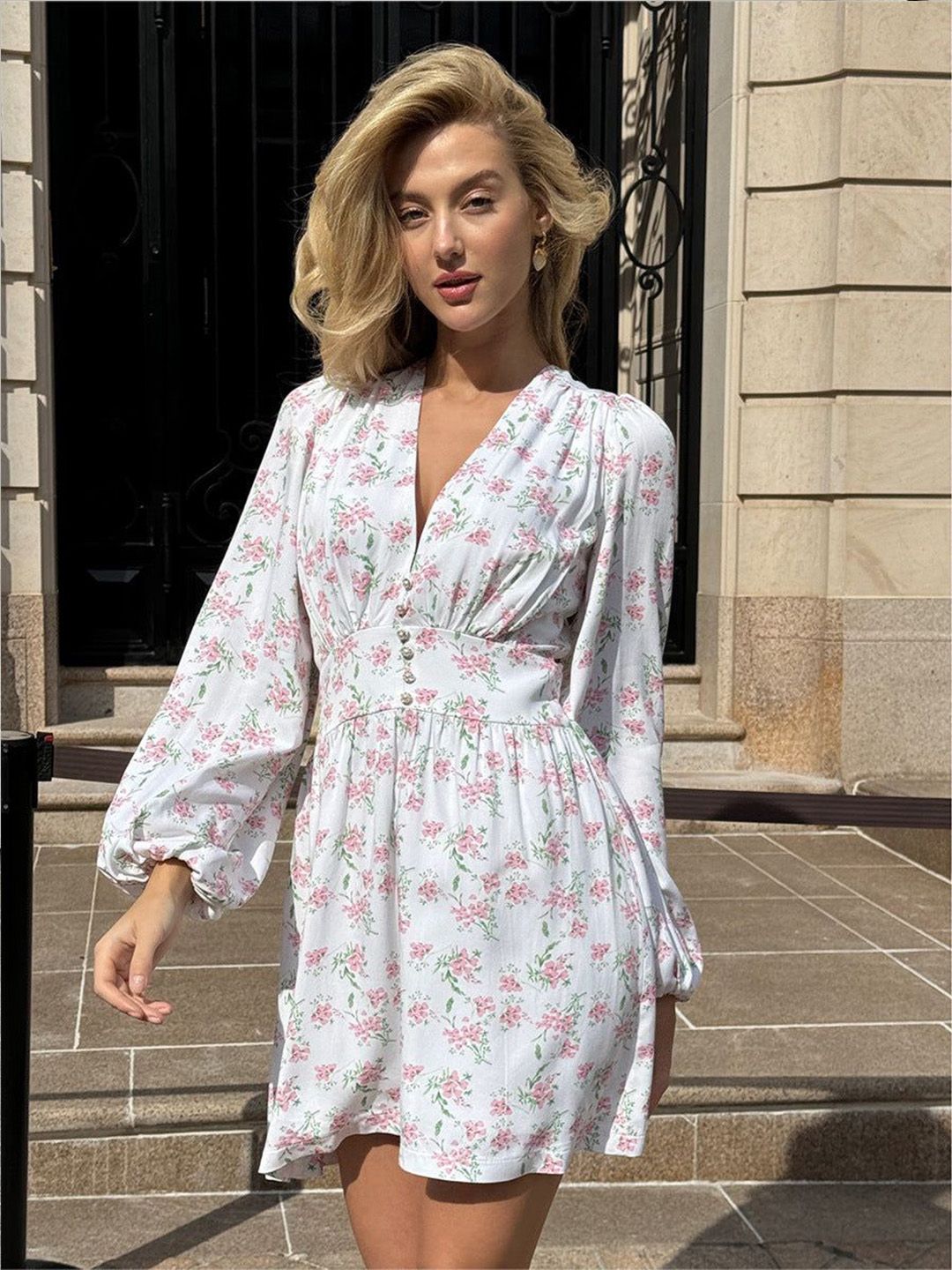 Outzidr Women Floral Printed Puff Sleeves Empire Dress-picture-24