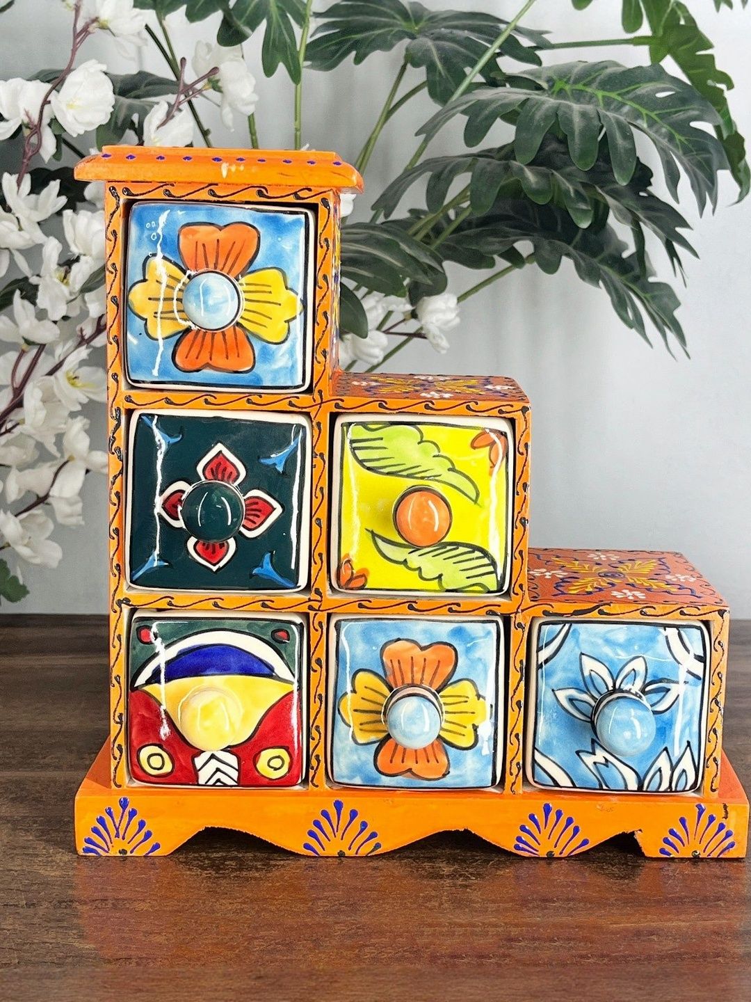 DIWAM HANDICRAFTS Orange & White Wooden and Ceramic Drawer Chest Trinket Box