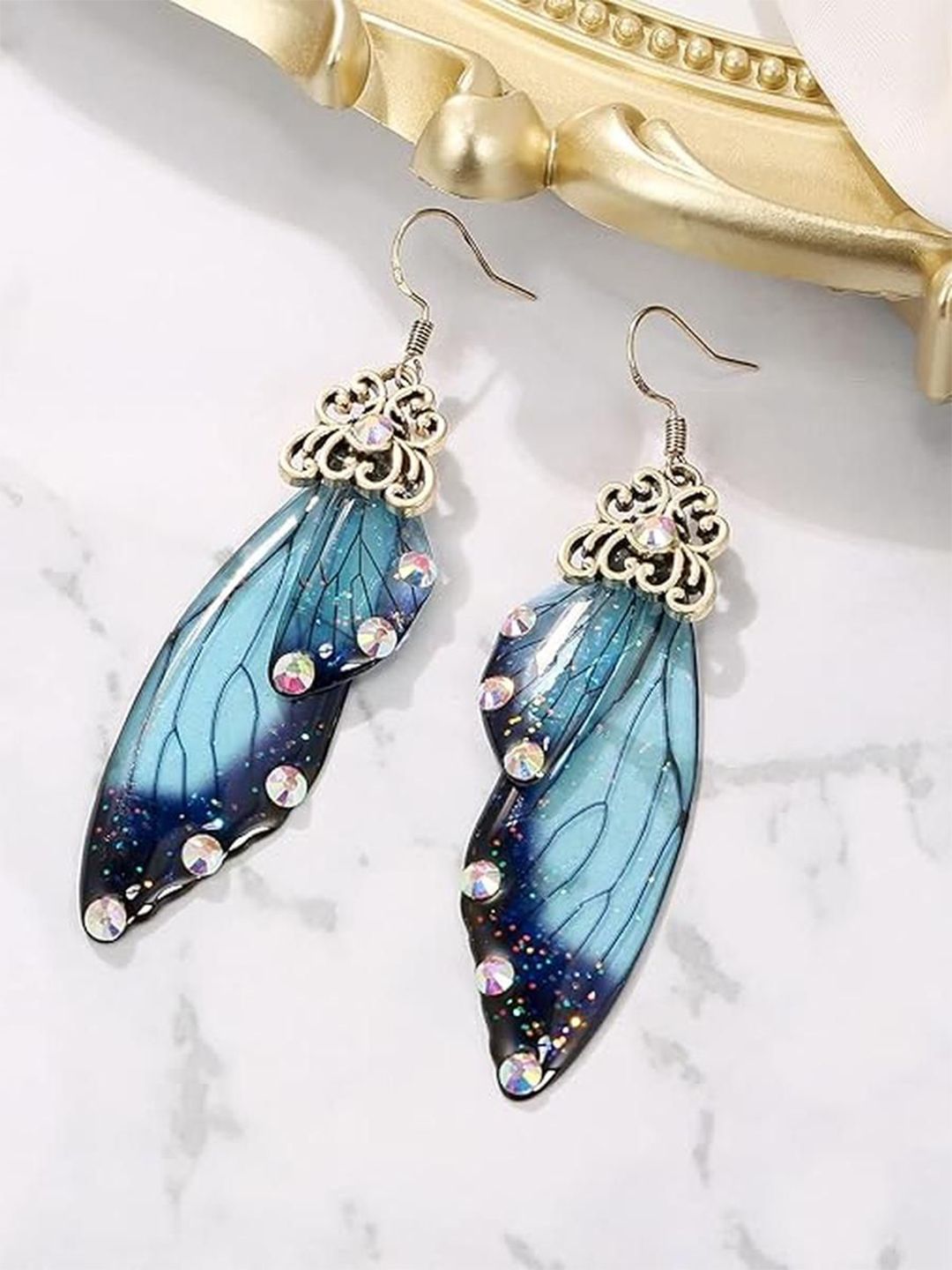 EL REGALO Artificial Stones Studded Feather Shaped Drop Earrings-image-3