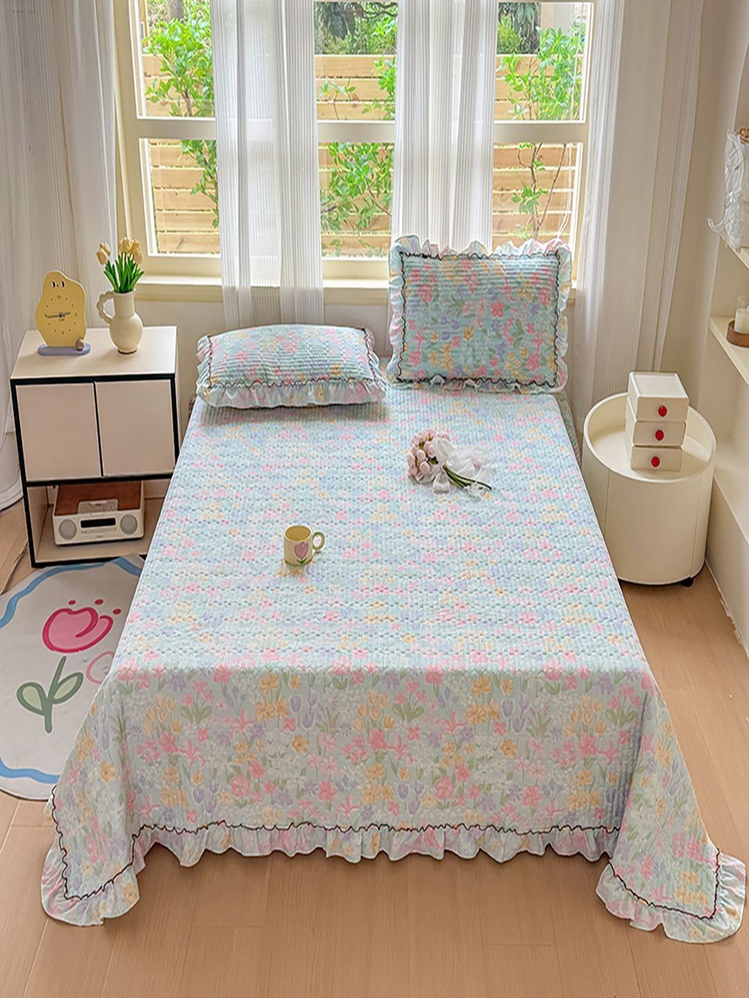 JC HOME 3-Pcs Blue & Pink Printed Double King Bed & Pillow Covers-image-45