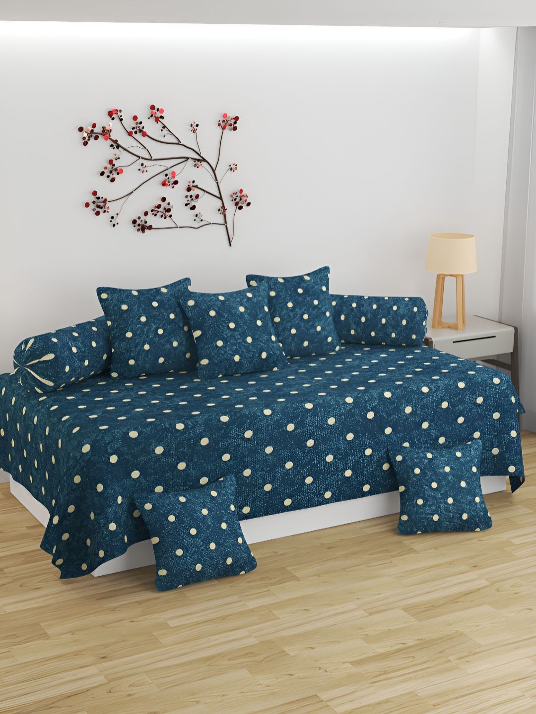 Bromwick White & Blue Polka Dots Printed 250 TC Microfibre Diwan Set-image-39