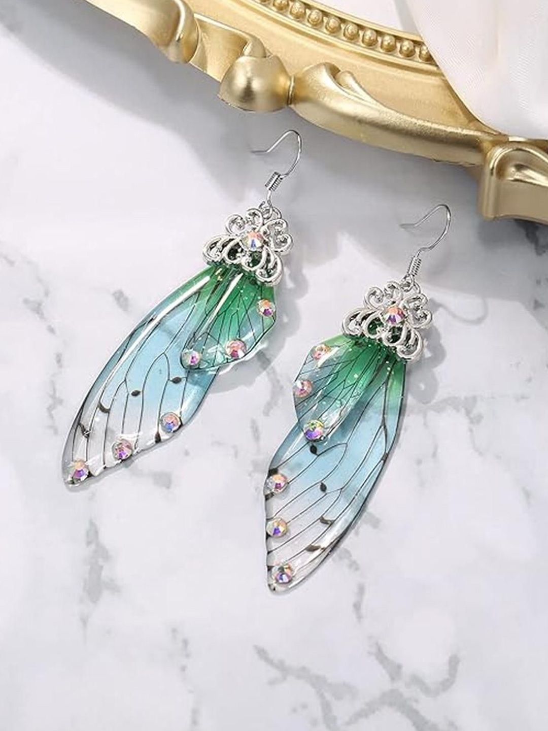 EL REGALO Artificial Stones Studded Butterfly Shaped Enamelled Drop Earrings-image-46