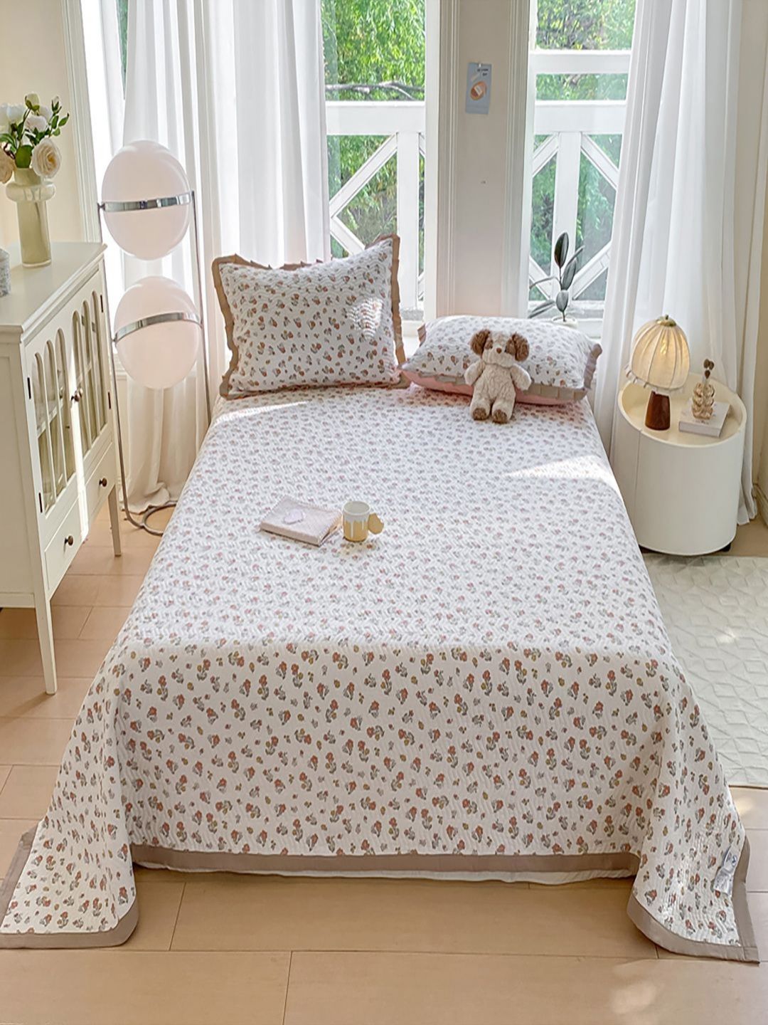 JC HOME White & Brown Floral 162 GSM Single Bed Cover - 1.60 x 2.30 m-picture-47