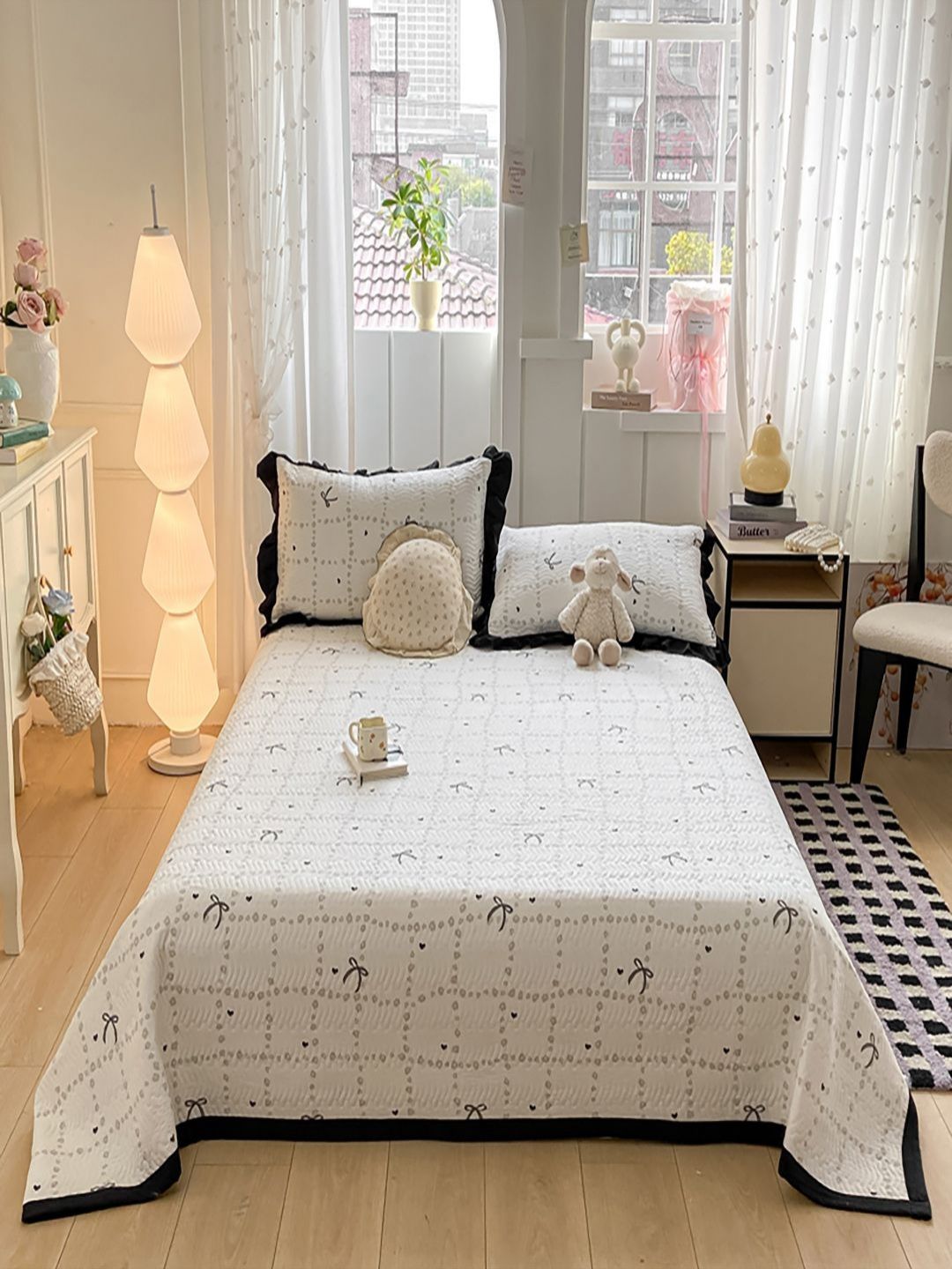 JC HOME 3-Pcs White & Black Printed Double Queen Bed & Pillow Covers-image-19