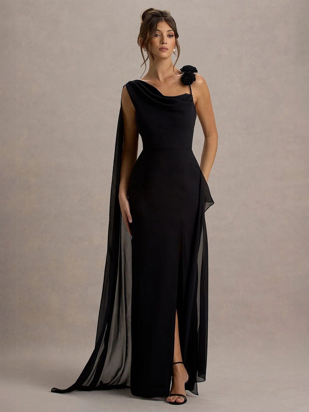 TRAQUILA Women Cowl Neck Georgette Bodycon Maxi Dress-picture-39