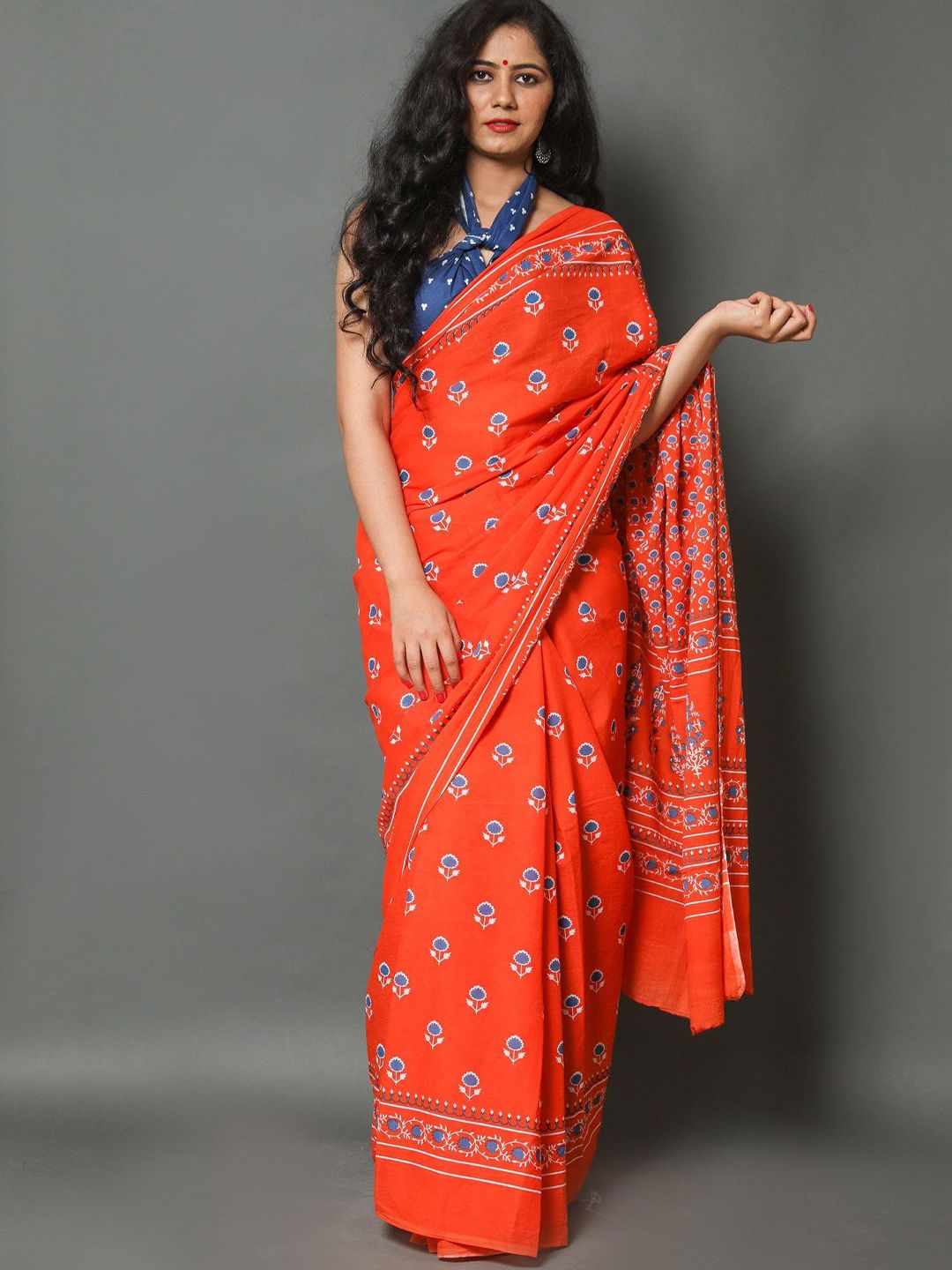Craft Musium Floral Printed Pure Cotton Block Print Saree With Blouse Piece-picture-38