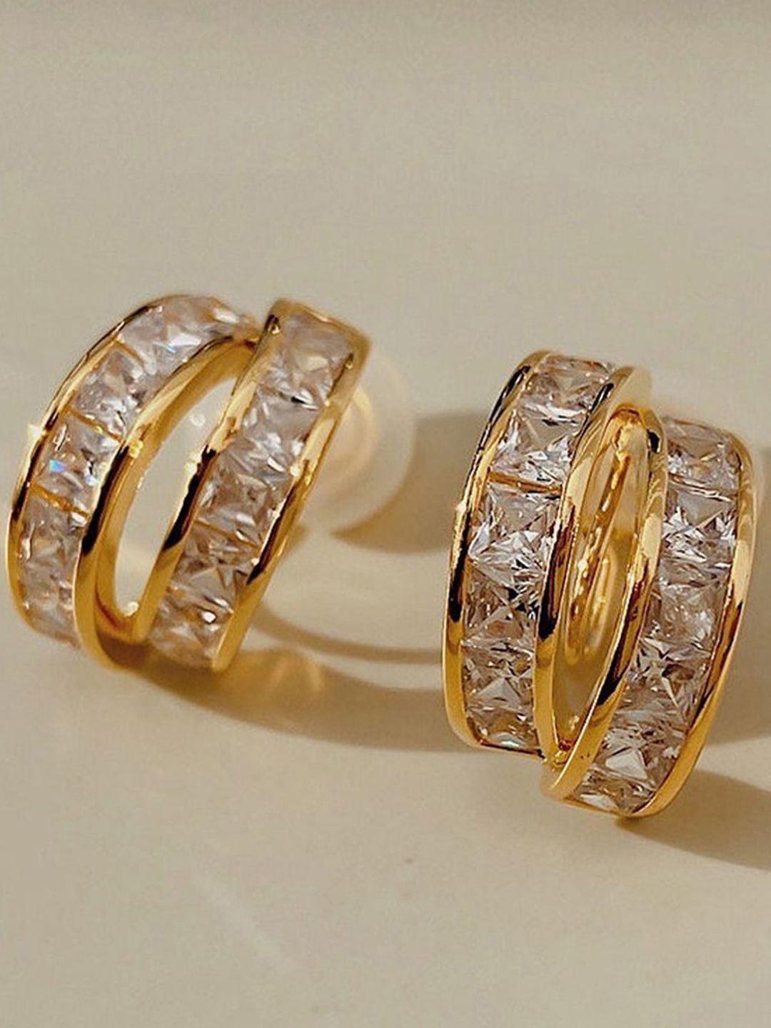 GOLDIWALA Korean Gold-Plated Artificial Stones Studded Semi Circular Half Hoop Earrings-picture-37