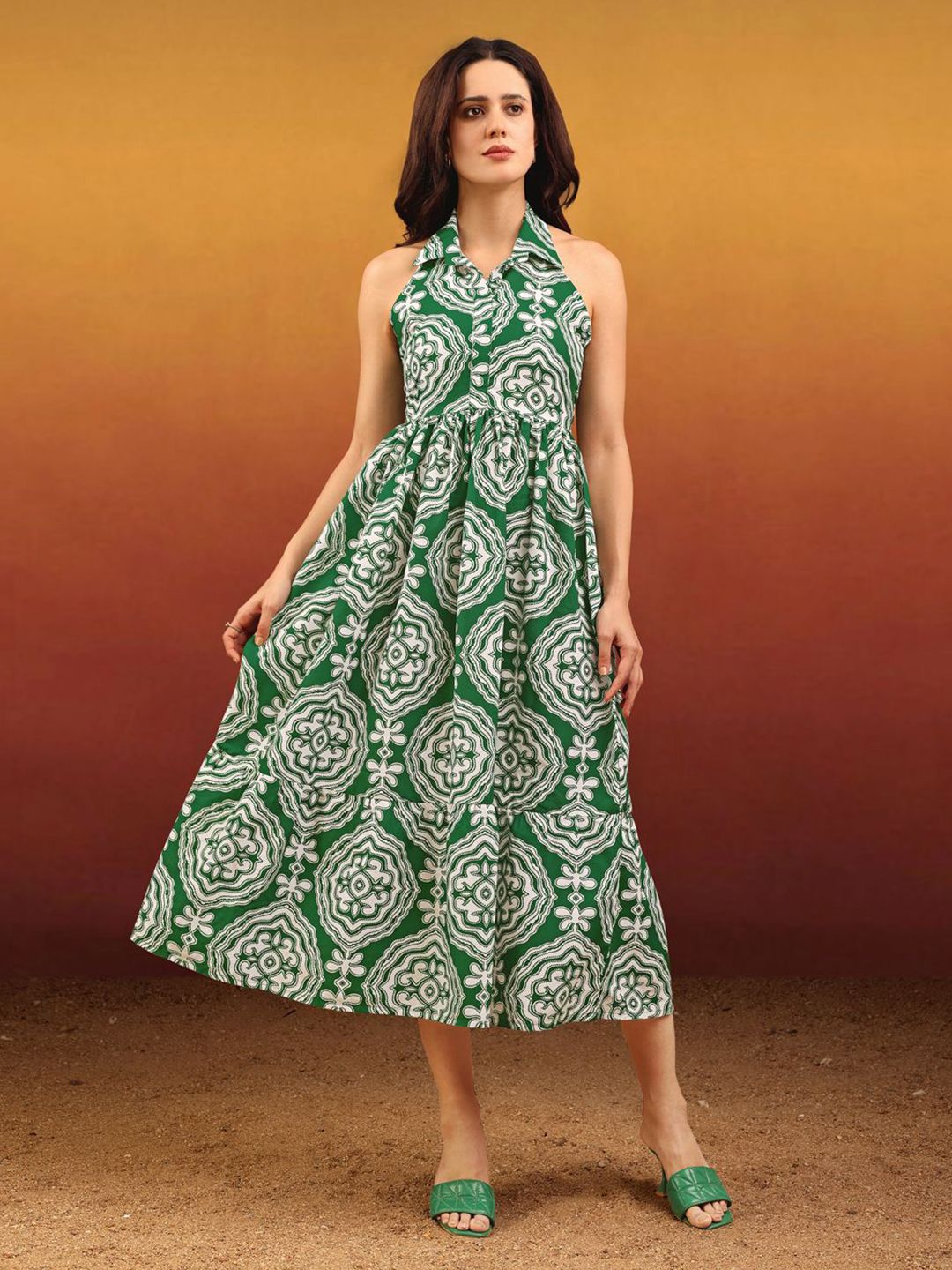 OBSHIVKA Women Ethnic Motifs Printed Shirt Collar Backless Fit and Flare Maxi Dress-image-23
