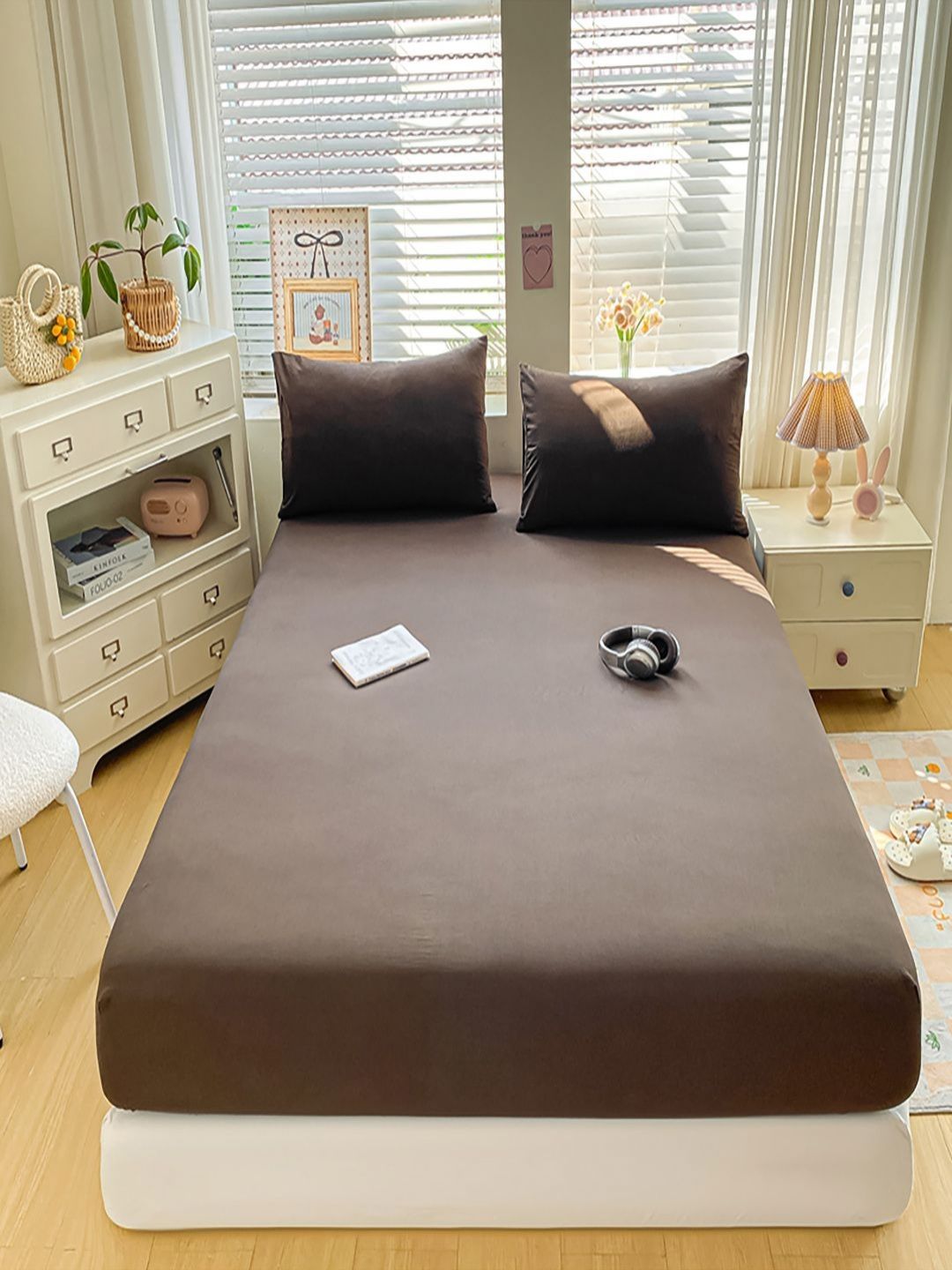 JC HOME Coffee Brown 140 TC Fitted Super King Bedsheet Set 2 m x 2.20 m-picture-23