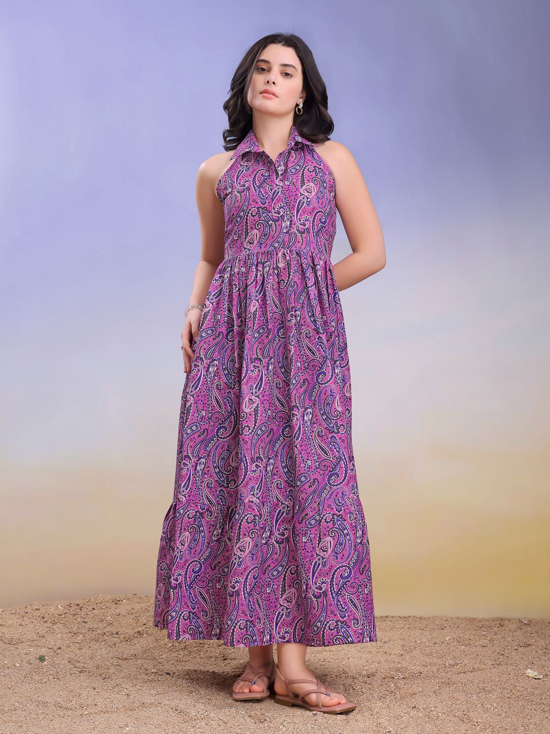 OBSHIVKA Women Paisley Printed Shirt Collar Maxi Dress-image-45