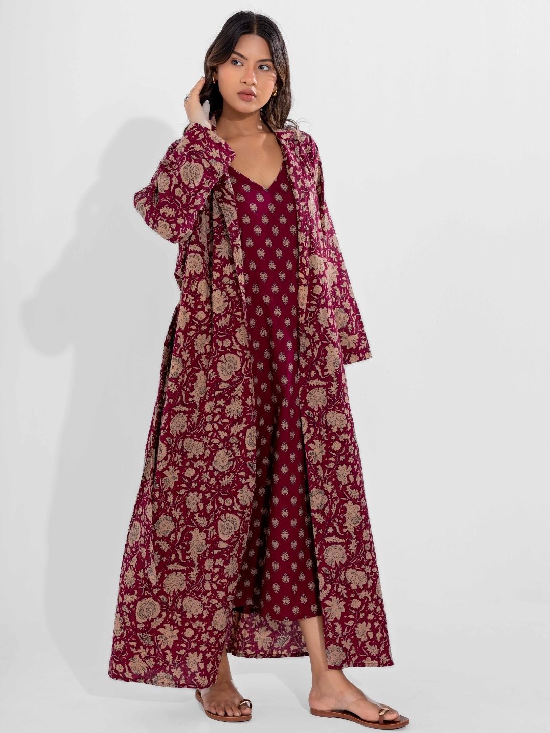 FEATHERS CLOSET Pure Cotton V-Neck Midi Nightdress with Shrug-image-28