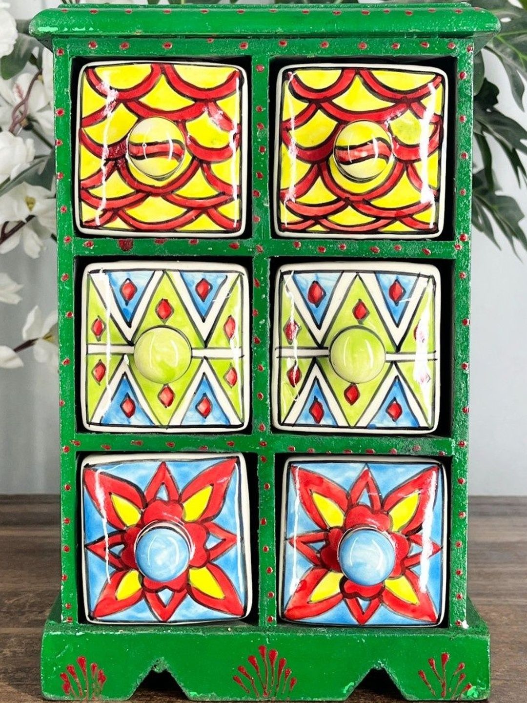 DIWAM HANDICRAFTS Decorative Storage Box Wooden and Ceramic Drawer Chest Trinket Box