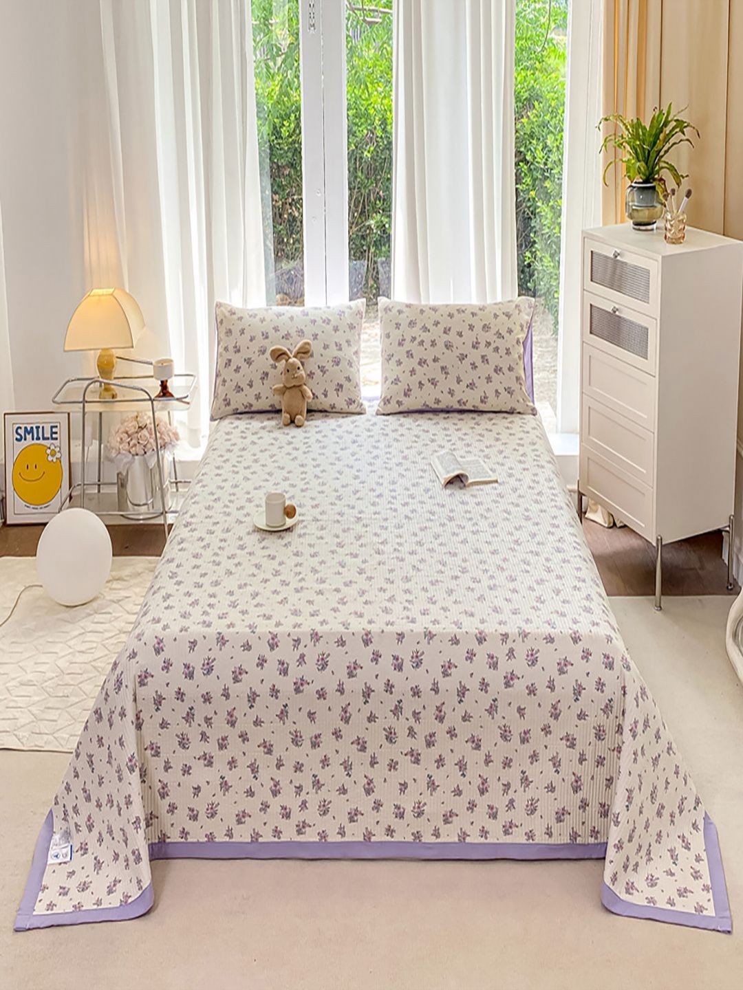 JC HOME White & Purple Floral Printed 162 GSM Single Bed Cover-picture-22