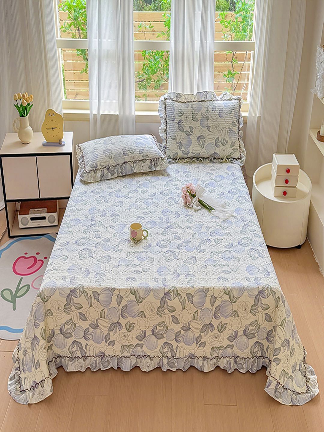 JC HOME Floral Printed Double King Bed Cover With 2 Pillow Covers-image-48