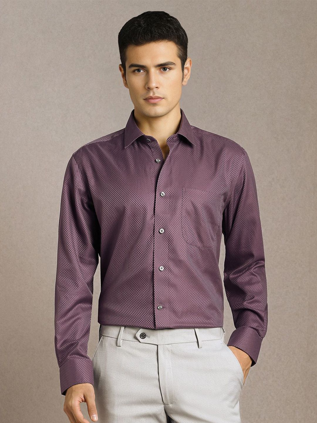 Luxure by Louis Philippe Men Textured Spread Collar Pure Cotton Formal Shirt-picture-43