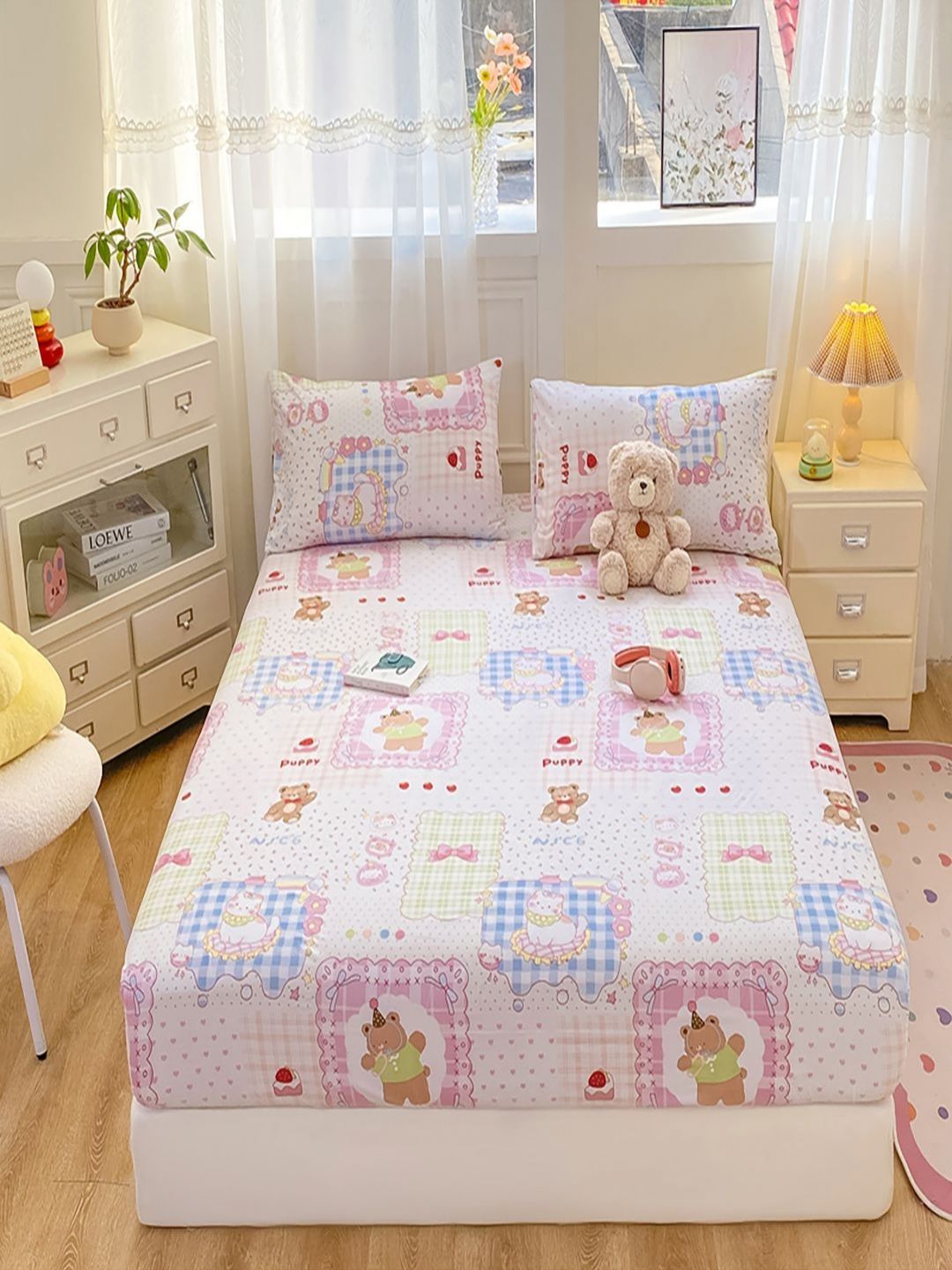 JC HOME Pink & Yellow Cartoon Characters Printed 140 TC Fitted King Bedsheet Set 1.8 x 2 m-picture-30