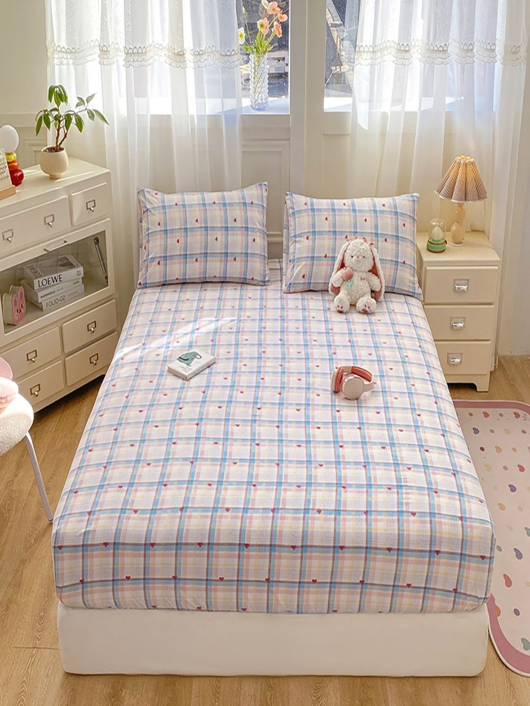 JC HOME Blue & Yellow Printed 140 TC Fitted King Size Bedsheet Set 1.80 m x 2.0 m-picture-28