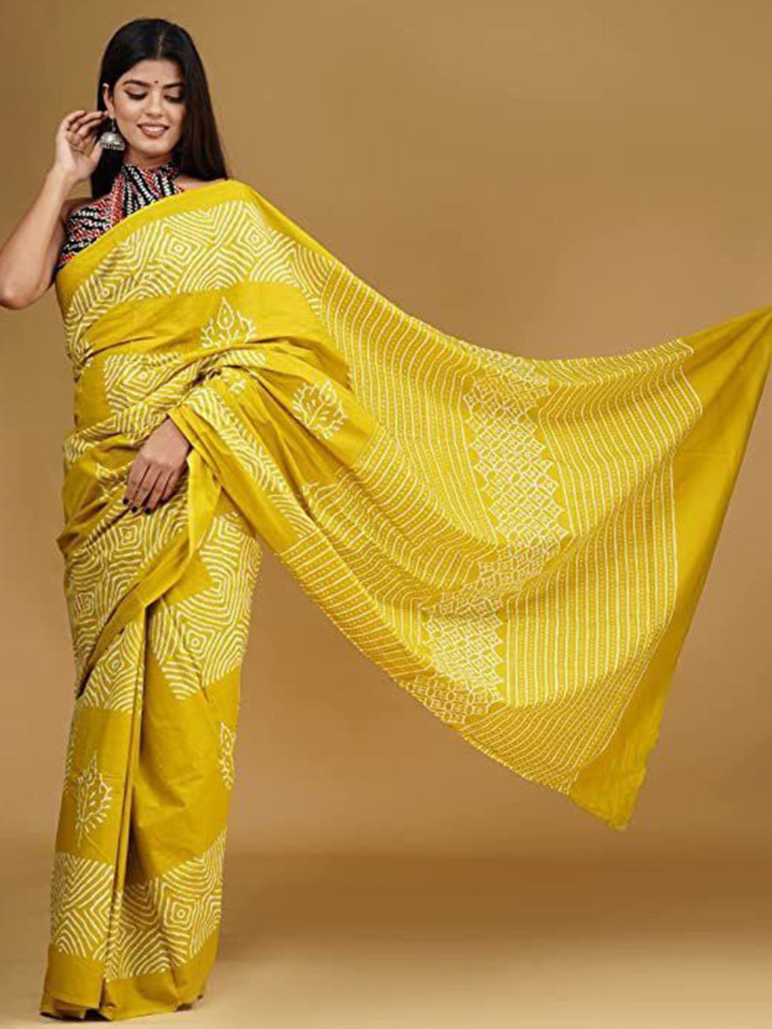 Craft Musium Ethnic Motifs Printed Pure Cotton Block Print Saree With Blouse Piece-picture-28