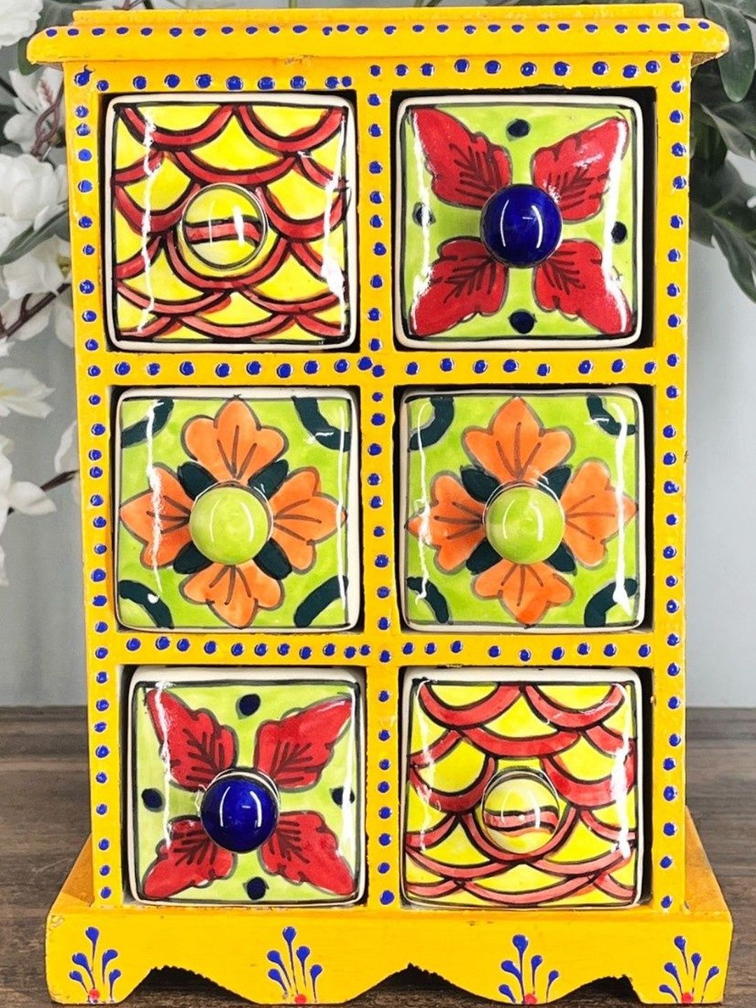 DIWAM HANDICRAFTS Handmade Wooden and Ceramic Drawer Chest Trinket Box