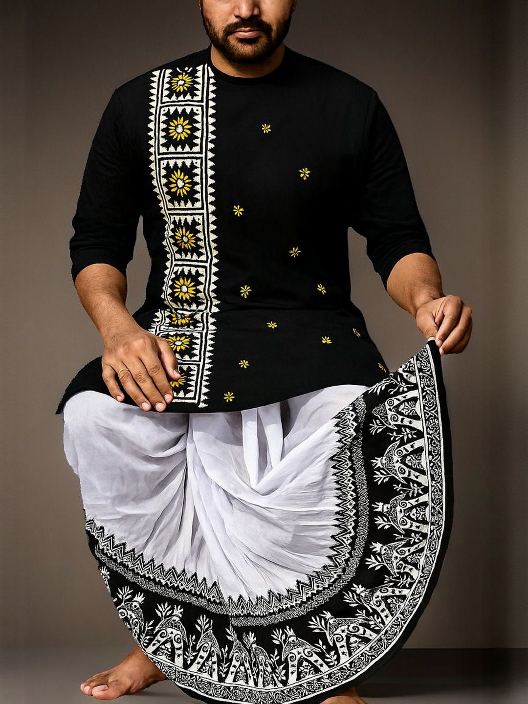 AMIT ONLINE Men Printed Dupion Silk Mour Puccho Dhoti