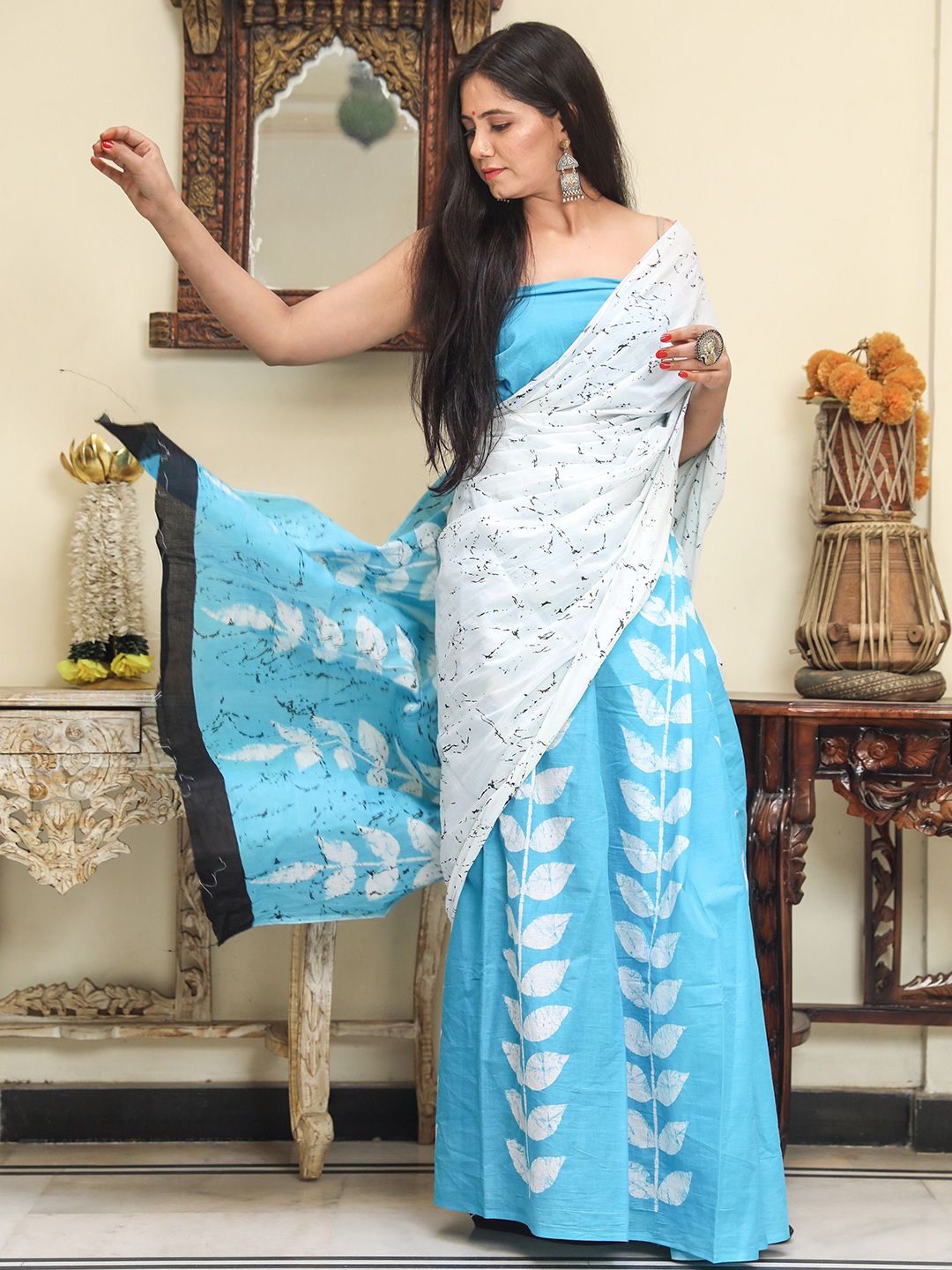 Craft Musium Floral Printed Pure Cotton Block Print Saree With Blouse-picture-34