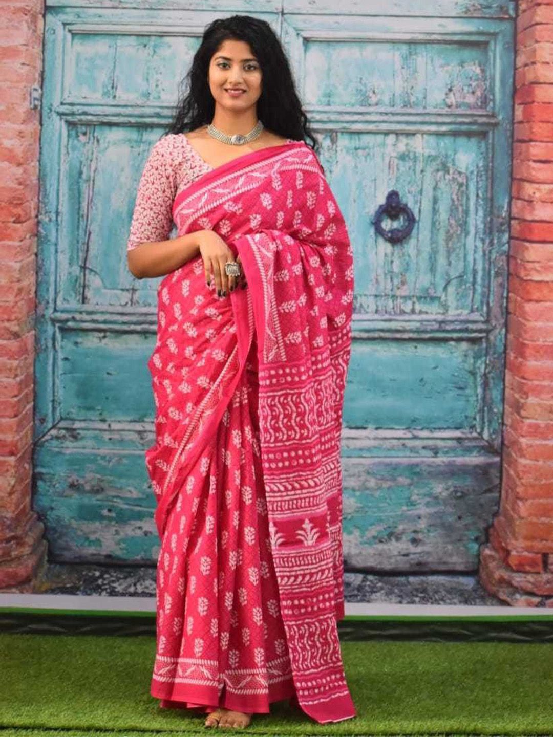 Craft Musium Floral Printed Pure Cotton Block Print Saree With Blouse-picture-37