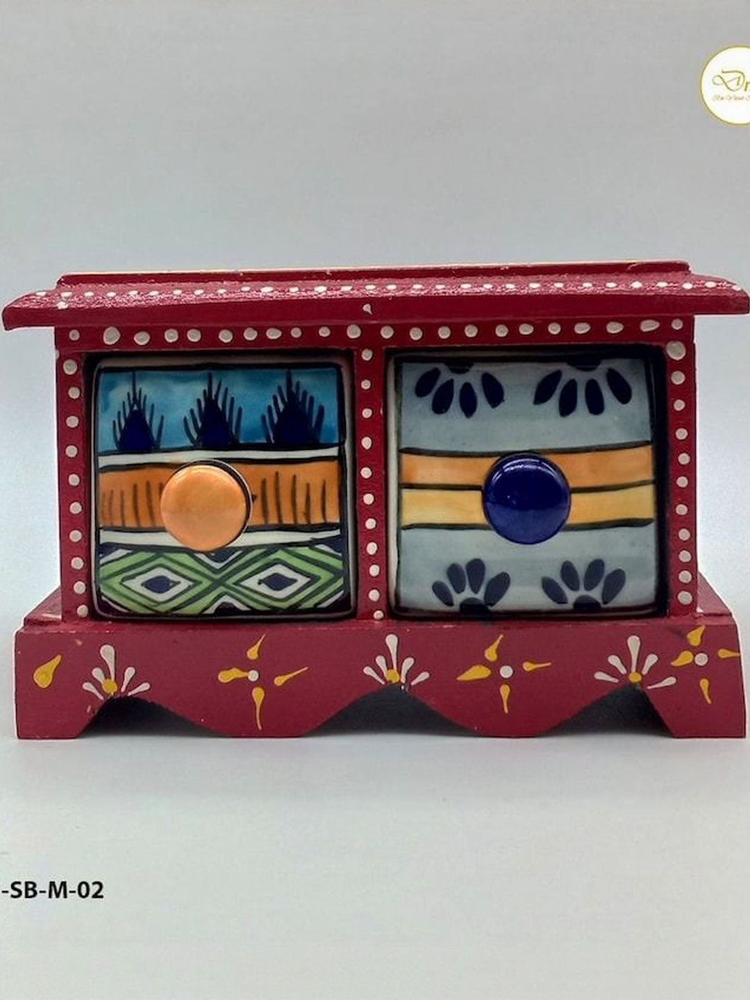 DIWAM HANDICRAFTS Red & Yellow Wooden and Ceramic Storage Drawer Box