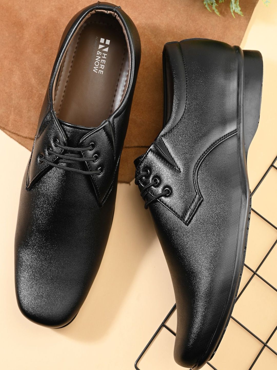 HERE&NOW Black Derbys Synthetic Leather Formal Shoes-image-8