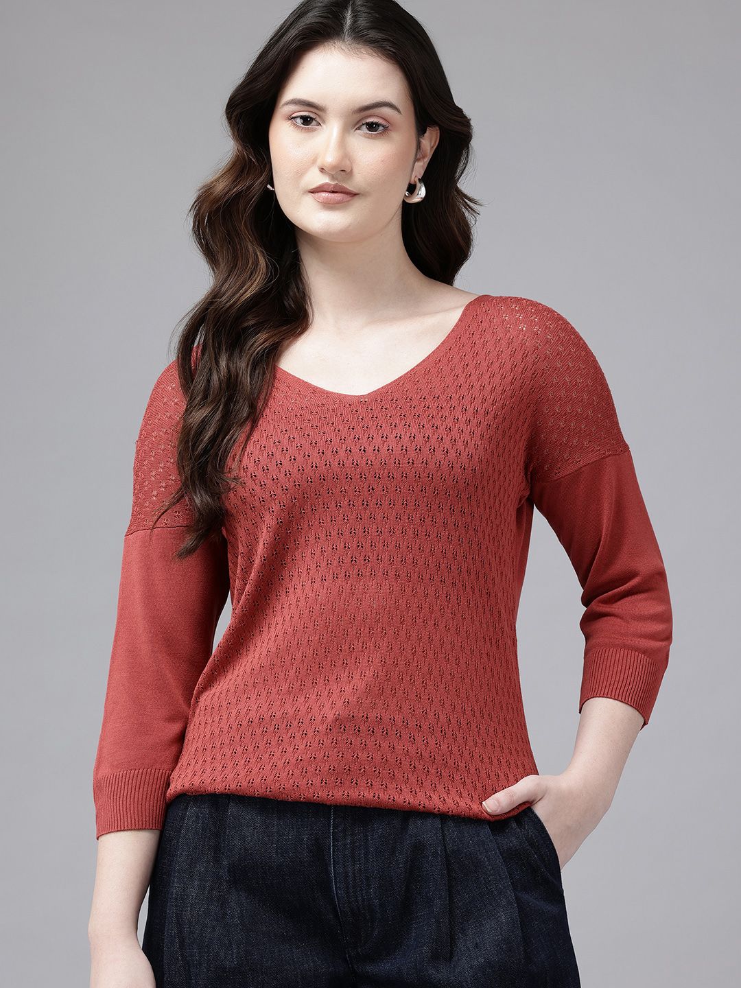 Van Heusen Woman Open-Knit V-Neck Drop-Shoulder Sleeves Pullover-picture-31