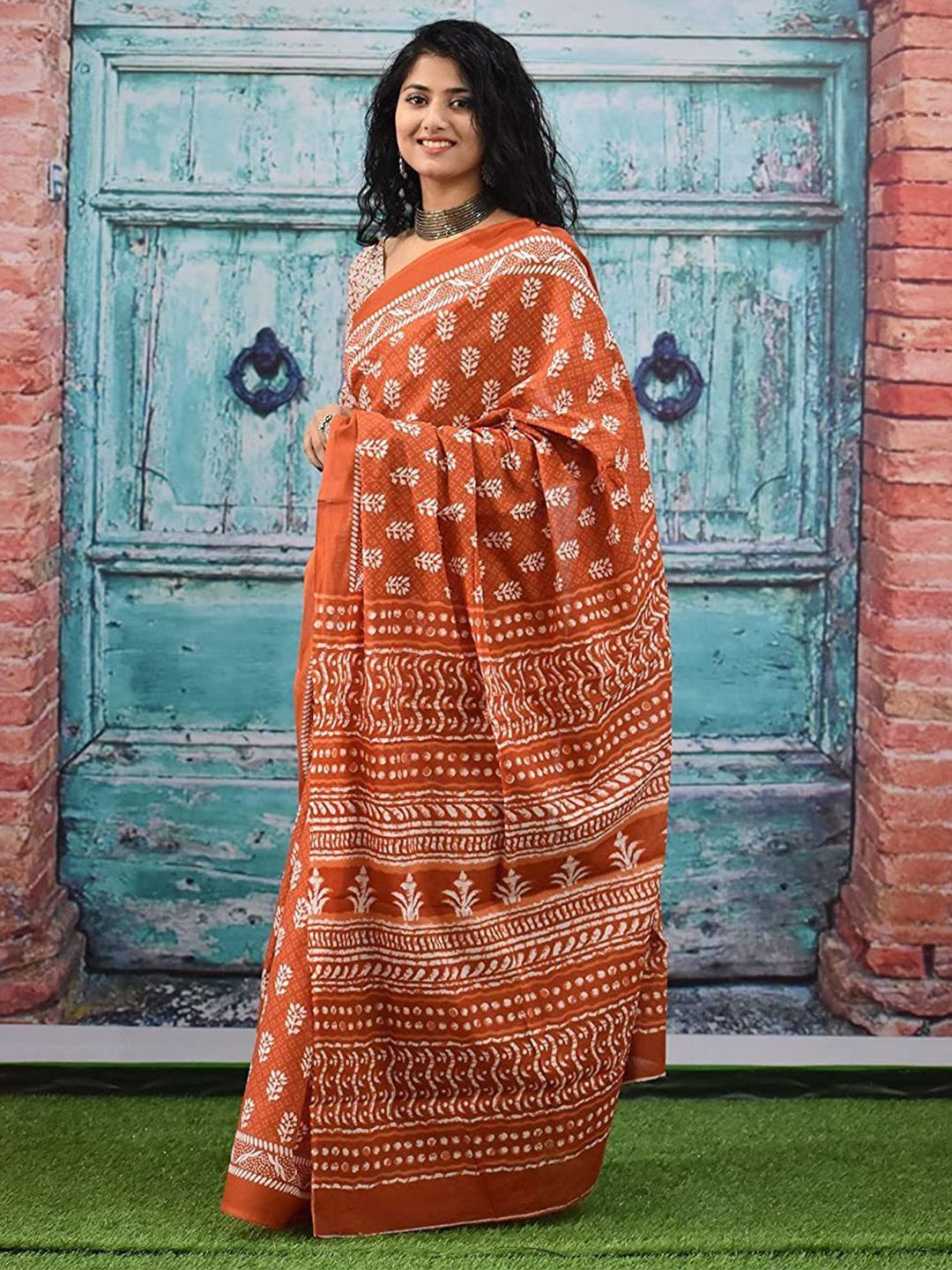 Craft Musium Floral Printed Pure Cotton Saree With Unstitched Blouse Piece-picture-18