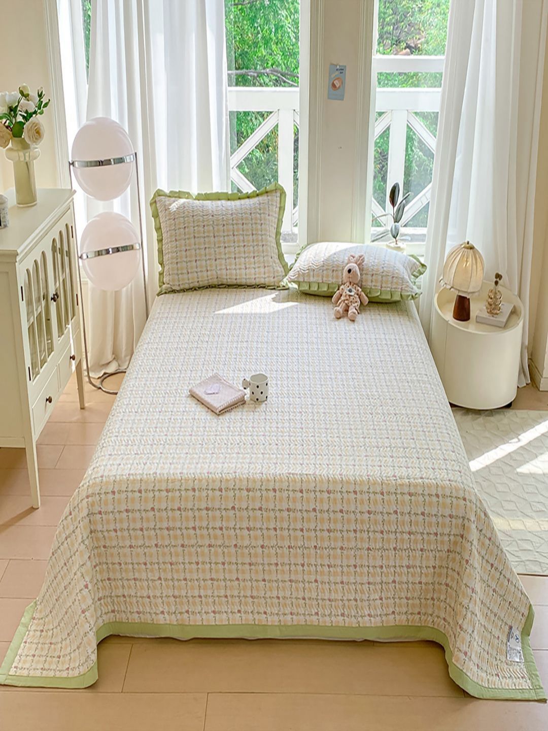 JC HOME Green & White Floral Printed 162 TC Double Queen Bed & 2 Pillow Covers-image-37