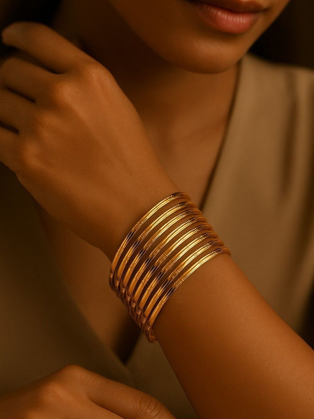 ATIBELLE Set Of 8 Gold-Plated Textured Bangles