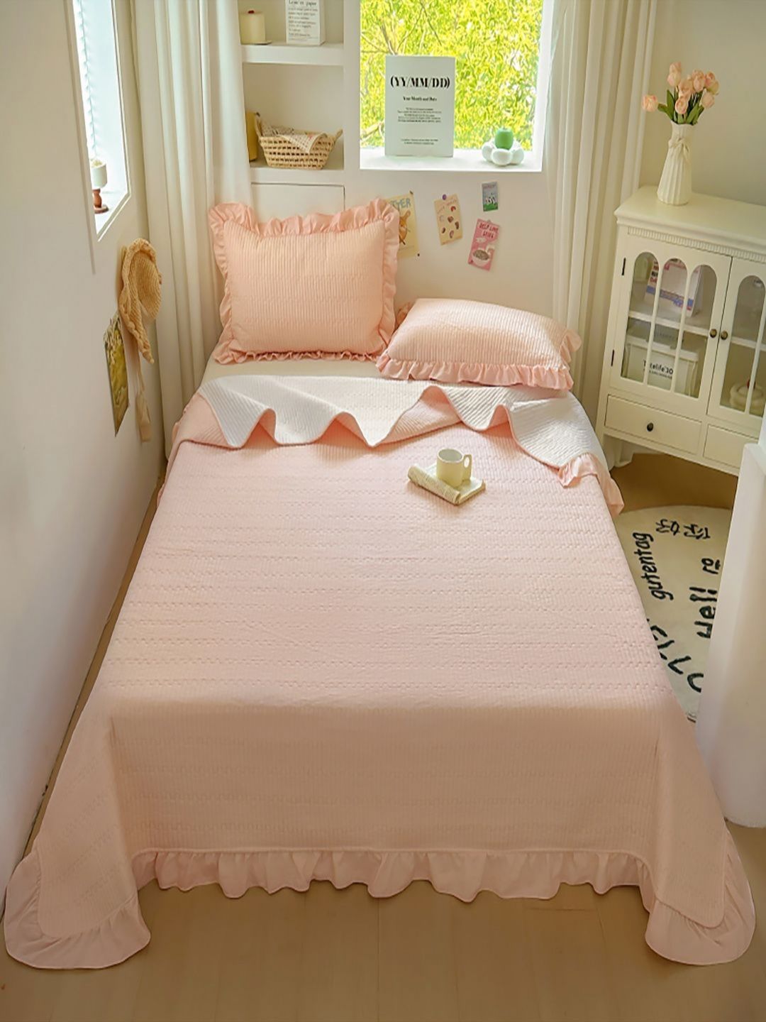 JC HOME 3Pcs Pink & White 162 TC Double King Bed Covers-picture-49