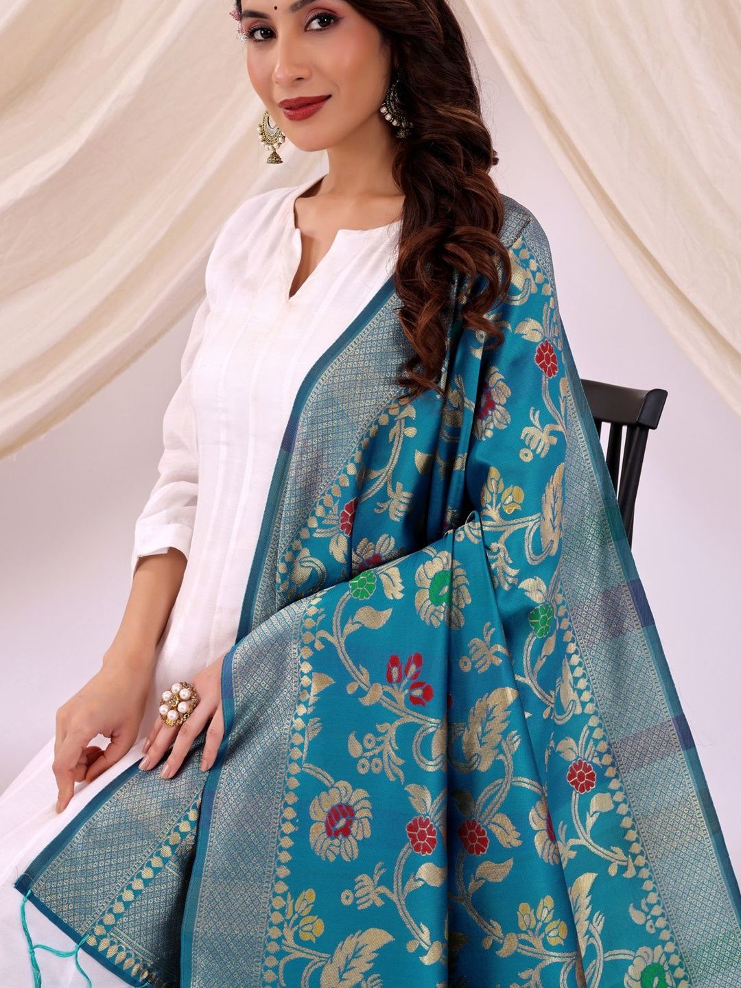 Moda Rapido Women Blue Floral Woven Design Silk Dupatta-picture-40