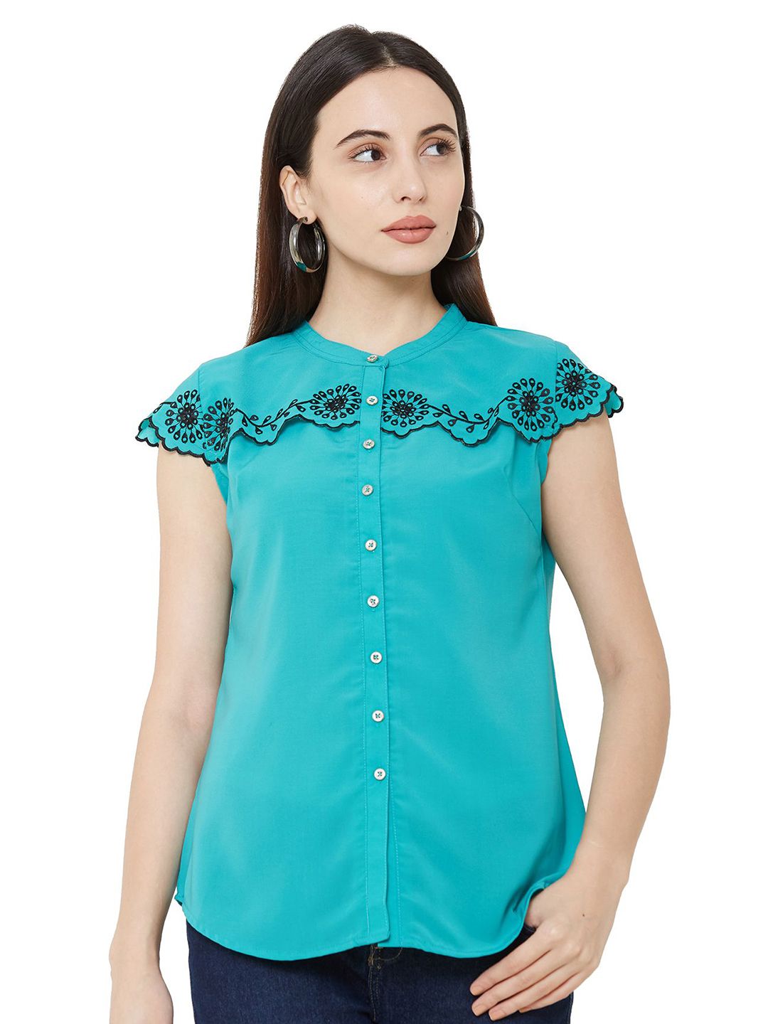 G0-4 IT Women Floral Embroidered Mandarin Collar Georgette Shirt Style Top-picture-22
